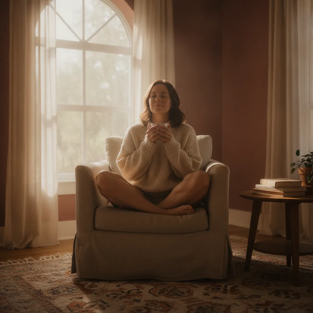 Woman sitting in calm reflection, soft morning light