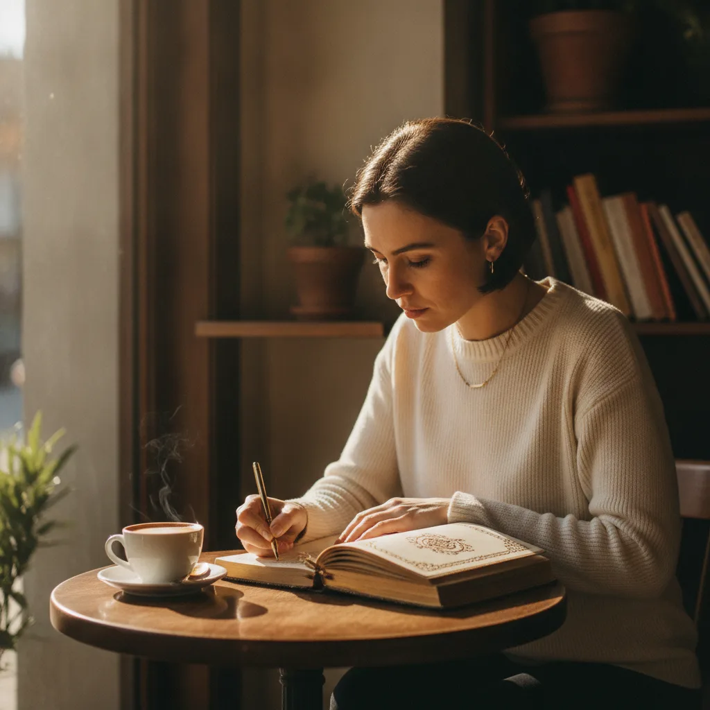 Woman journaling in warm morning light